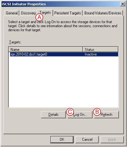 Connect to a DSS V6 iSCSI Target volume from a MS Windows - Configure iSCSI Target Properties - pic 10