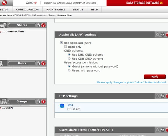 Open-E DSS V6 as backup device for Apple's Time Machine