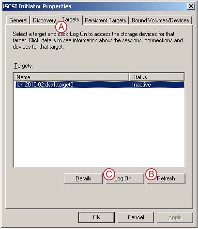 Connect to a DSS V6 iSCSI Target volume from a MS Windows - Configure iSCSI Target Properties - pic 10