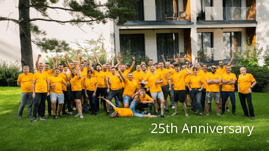 Open-E team celebrating in yellow tshirts