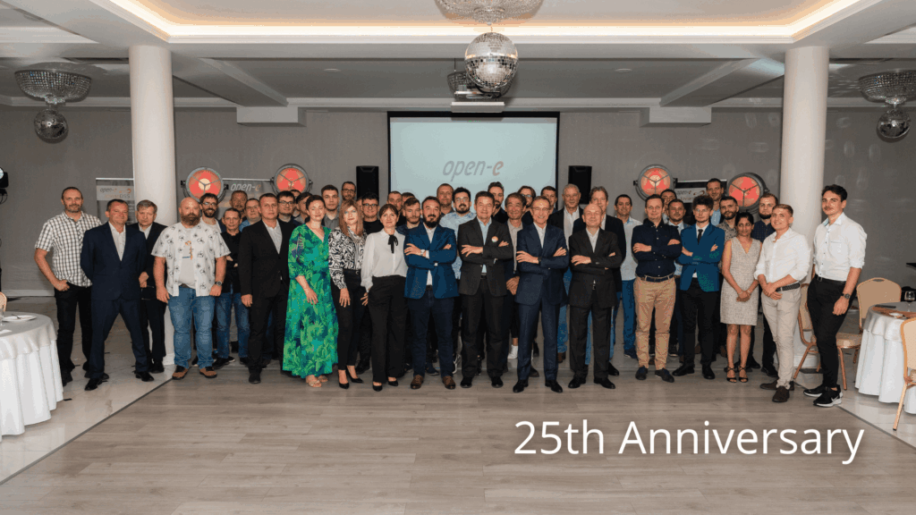 Open-E Team celebrating in business casual suits