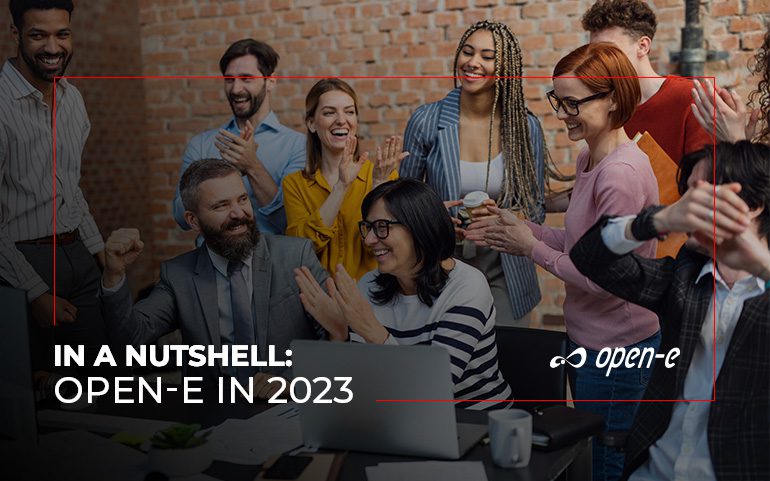 Open-E 2023 In Nutshell cover - people in an office celebrating