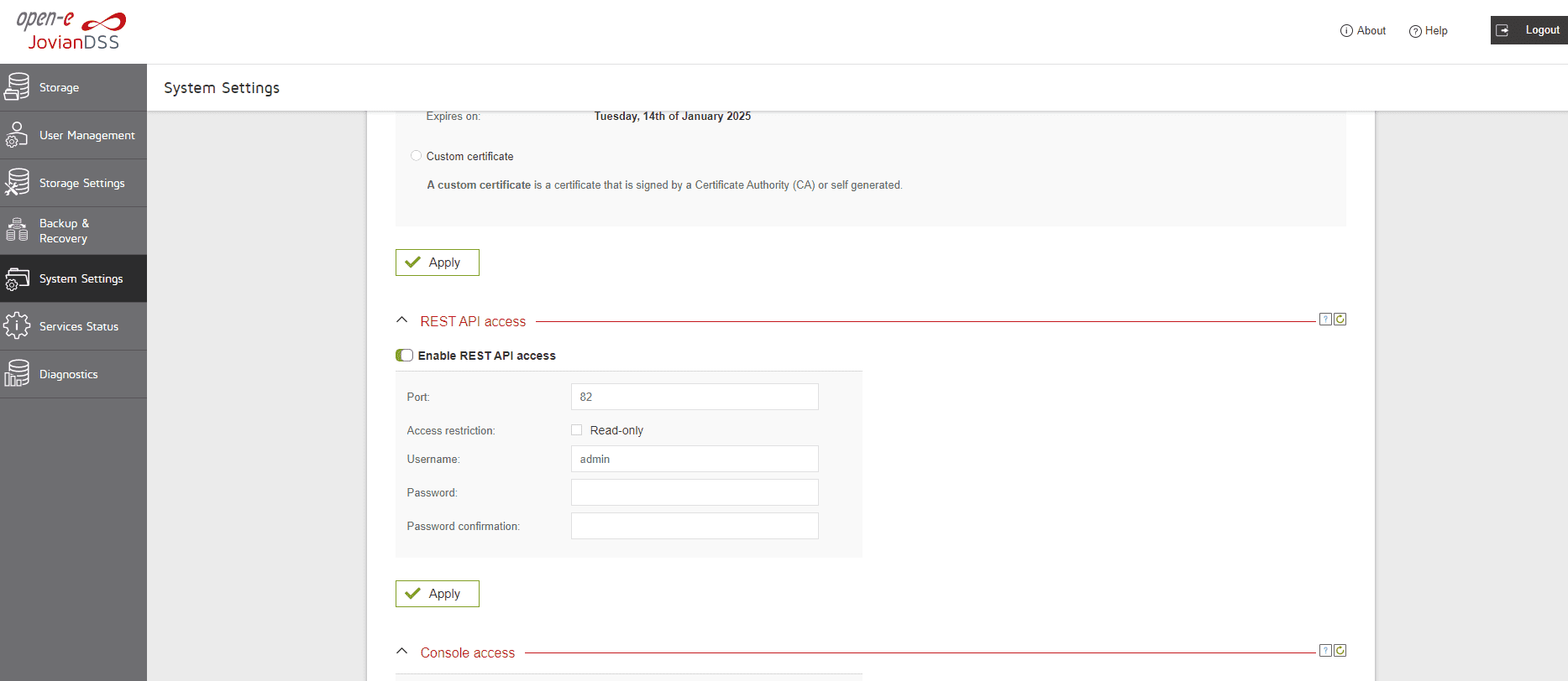 Open-E JovianDSS GUI enabling the REST API feature