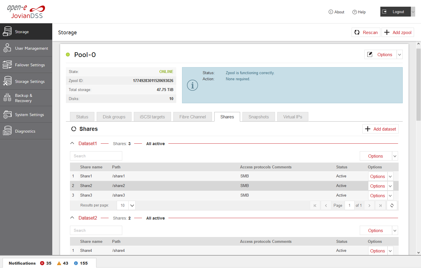 Open-E JovianDSS GUI Data Storage System