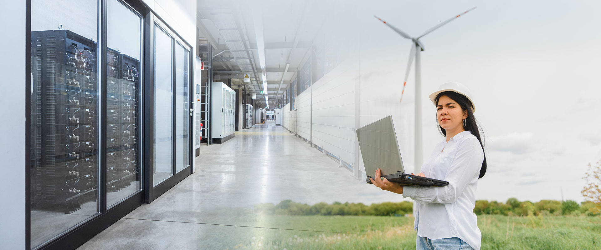 women engineer standing on the filed of windmills with server storage on the left