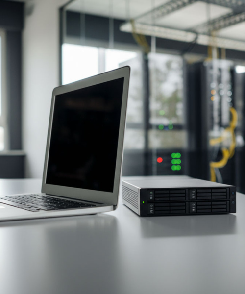 laptop on a board with an IT team in the background discussing the differences between NAS and SAN data storage system