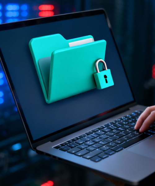 man carrying laptop with lock file icon on the screen standing in the server room.