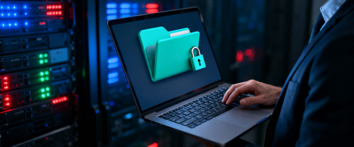 man carrying laptop with lock file icon on the screen standing in the server room.