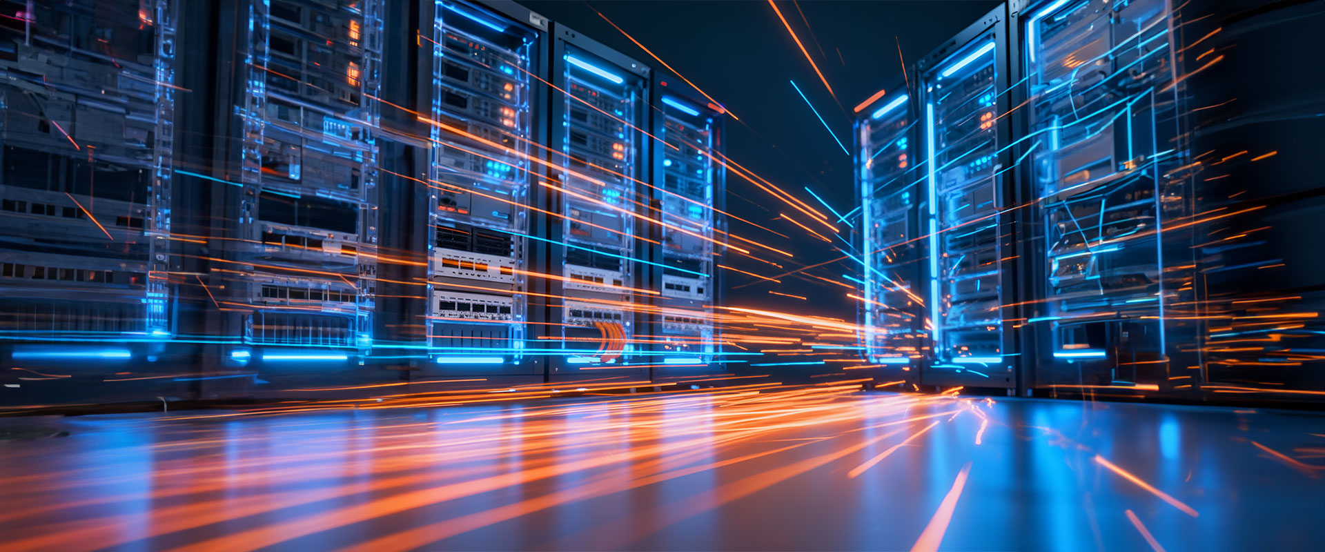 servers in the background and fast light flashes