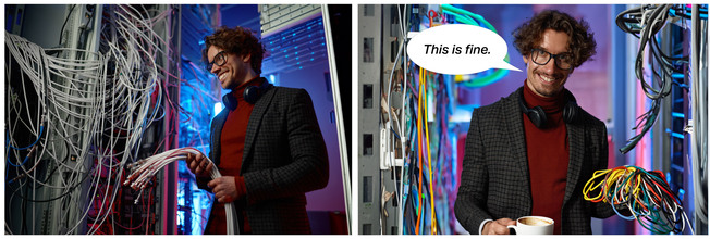 IT engineer holding a bunch of cables and saying It'll be fine