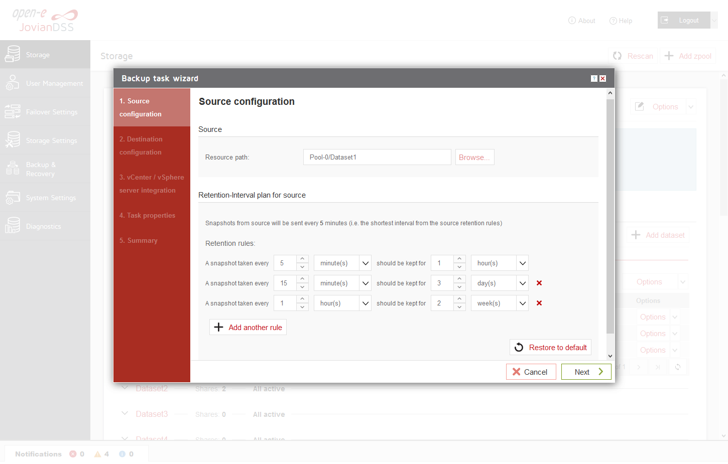 Open-E JovianDSS Screenshots Backup Wizard Dataset