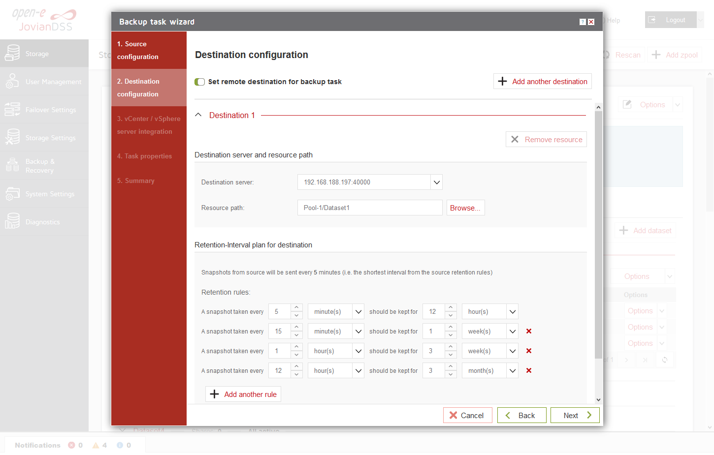 Open-E JovianDSS Screenshots Backup Wizard Dataset