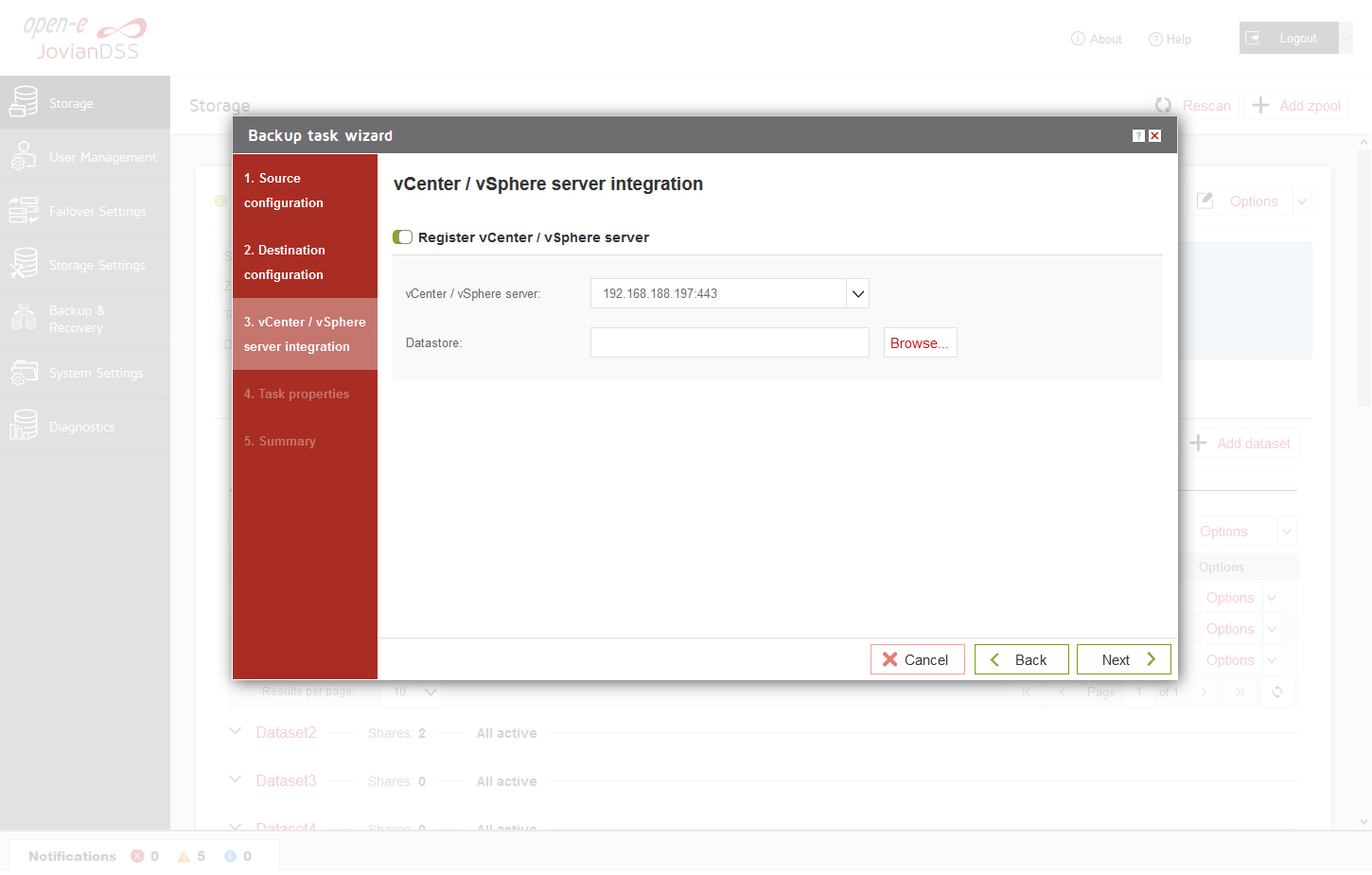 Open-E JovianDSS Screenshots Backup Wizard Dataset