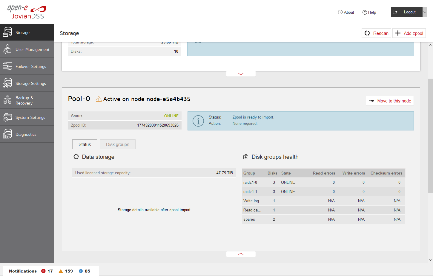 Open-E JovianDSS Screenshots Failover Node Status