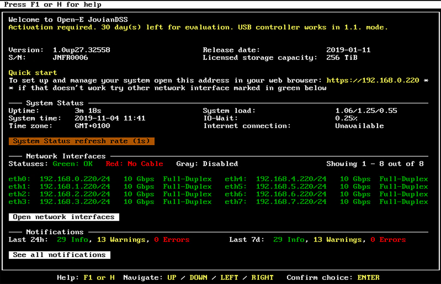 Open-E JovianDSS Screenshots TUI