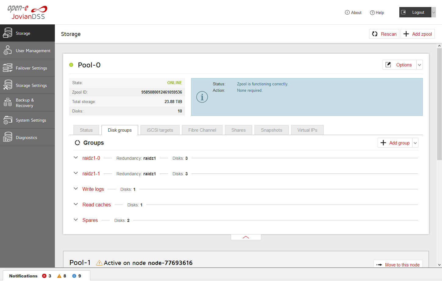 Open-E JovianDSS Screenshots Pool Groups