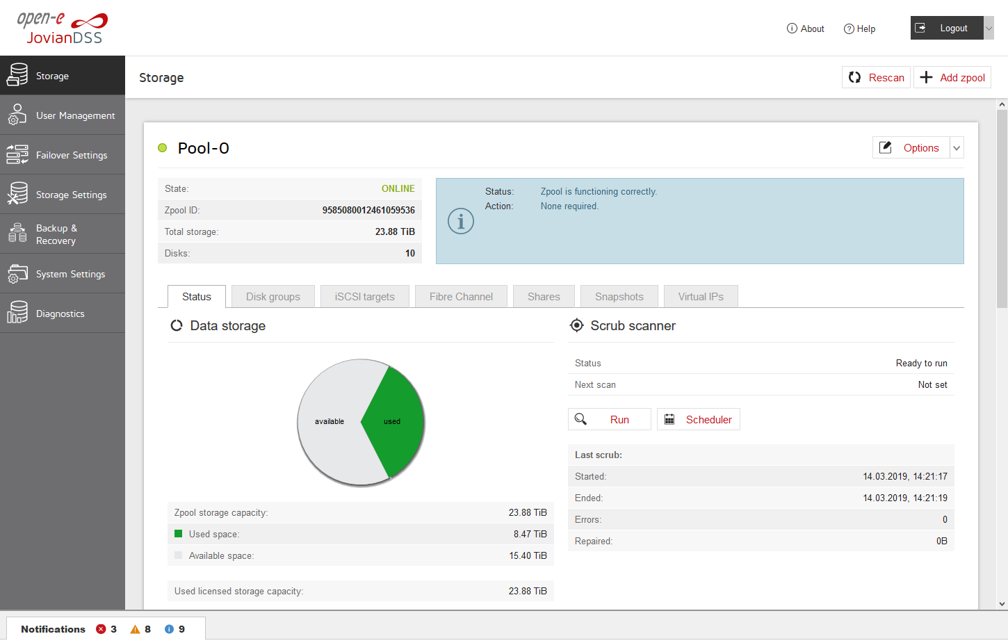 Open-E JovianDSS Screenshots Pool Status