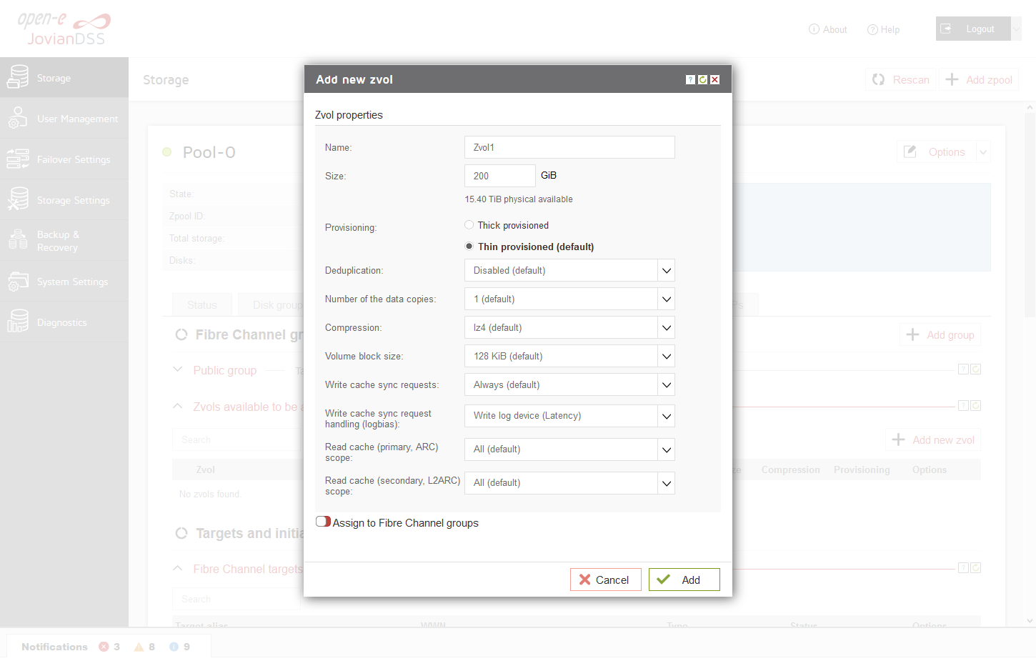 Open-E JovianDSS Screenshots Zvol