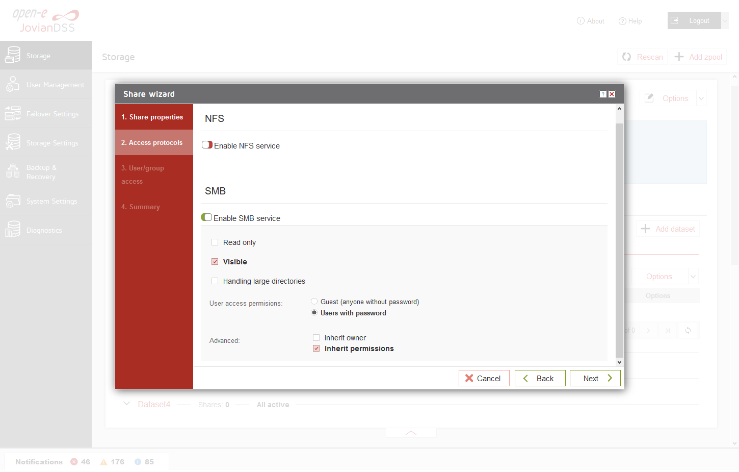 Open-E JovianDSS Screenshots Wizard Share