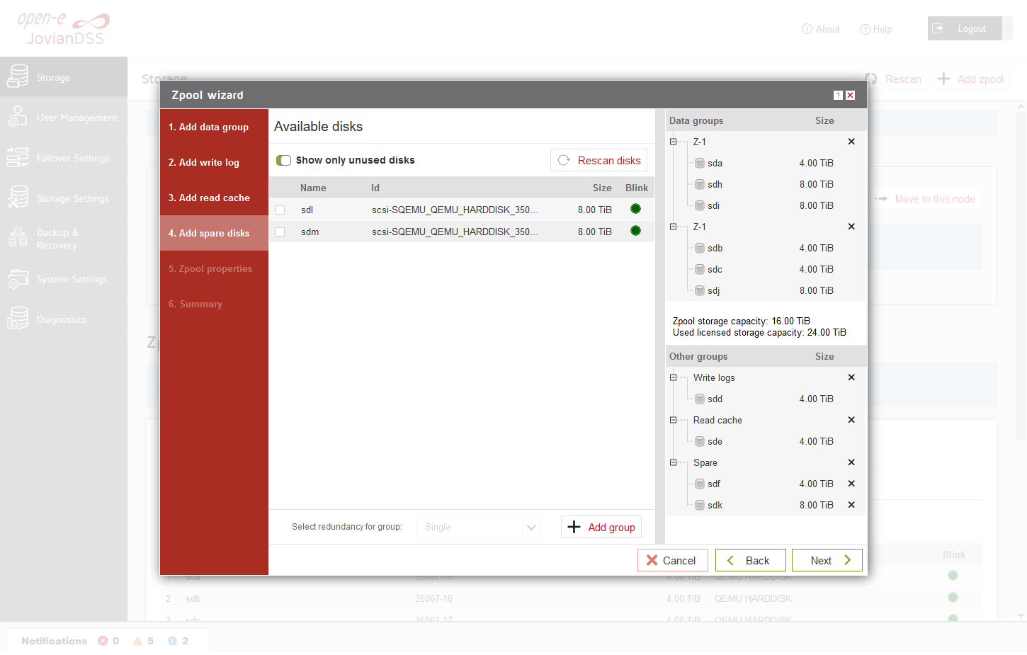 Open-E JovianDSS Screenshots Wizard Zpool